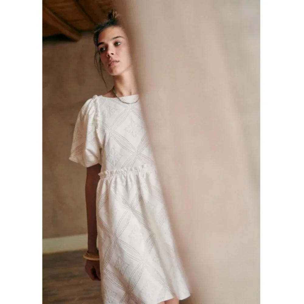 Sézane Livy Dress Parisian Ecru Off White Mix Woven Lace Short Puff Sleeve Mini - Picture 5 of 15